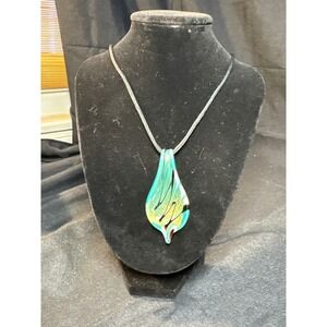 Murano Glass Leaf Pendant Necklace Blue Green Yellow with 24k‎ Gold inside